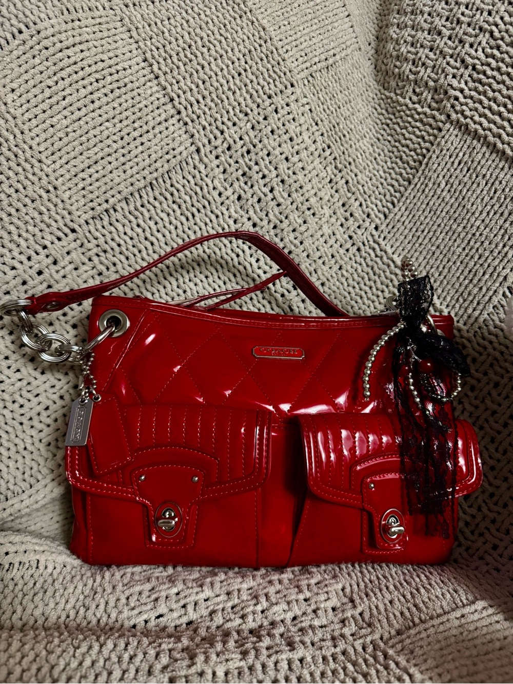 Coach puppy liquid gloss red patent quilted Turlock shoulder bag